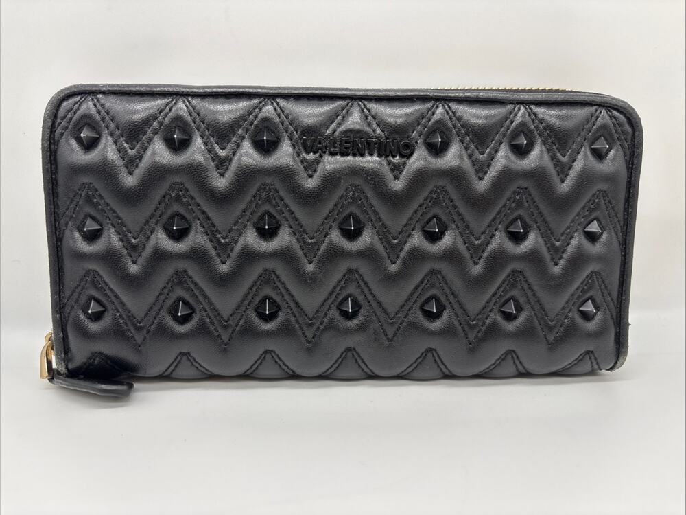 Valentino Studded Quilted Chevron Zip-Around Women's Wallet Black